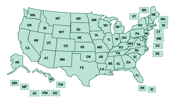 Map of the United States. Click on a state for more info on survey of state immunization system legislation in that state.